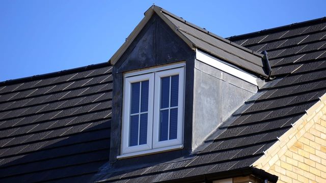 Dark shingle roof with a white-framed dormer window